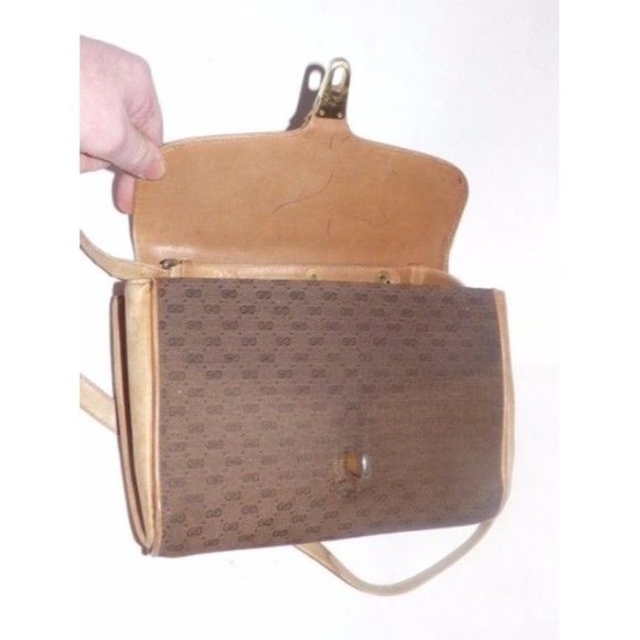 Gucci Vintage Crossbody Camel Leather Brown Small G Logo Print Canvas - Picture 7 of 8